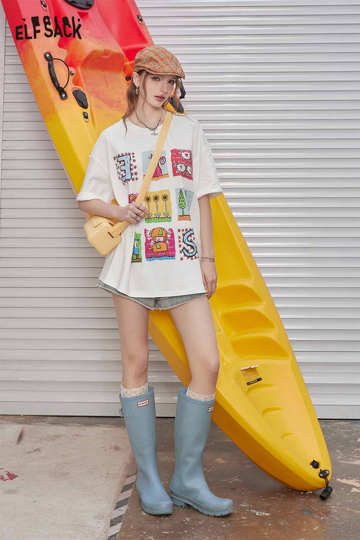 ELFSACK Cartoon Print Oversized T Shirt