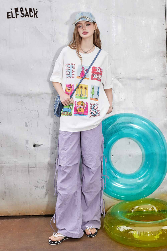 ELFSACK Cartoon Print Oversized T Shirt