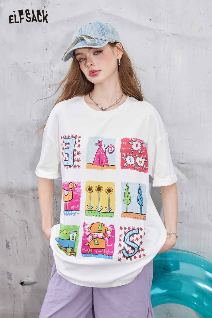 ELFSACK Cartoon Print Oversized T Shirt