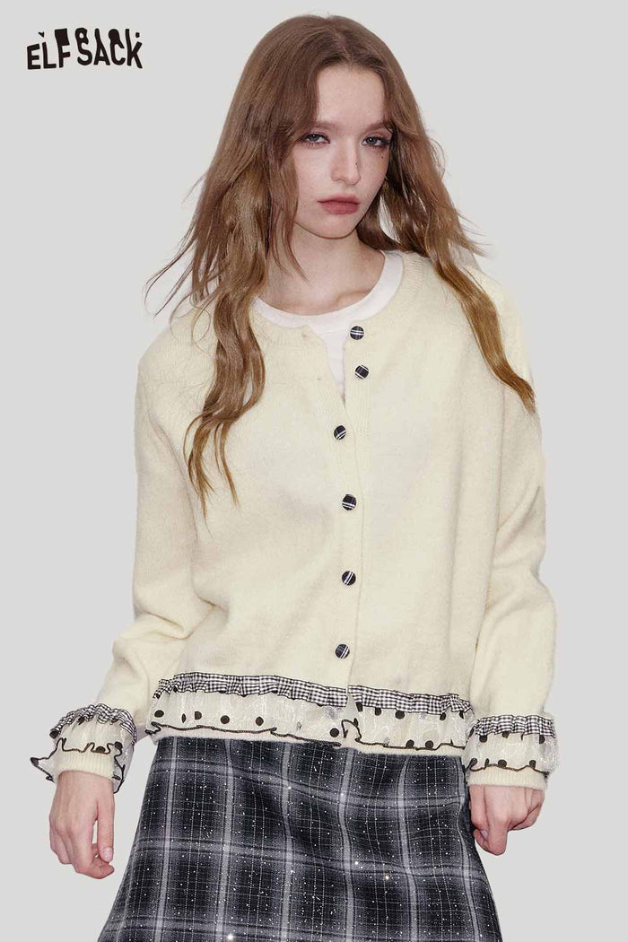 ELFSACK Cashmere Blend Cropped Cardigan Lace Panel Detail Delicate Stitch