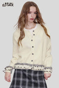 ELFSACK Cashmere Blend Cropped Cardigan Lace Panel Detail Delicate Stitch