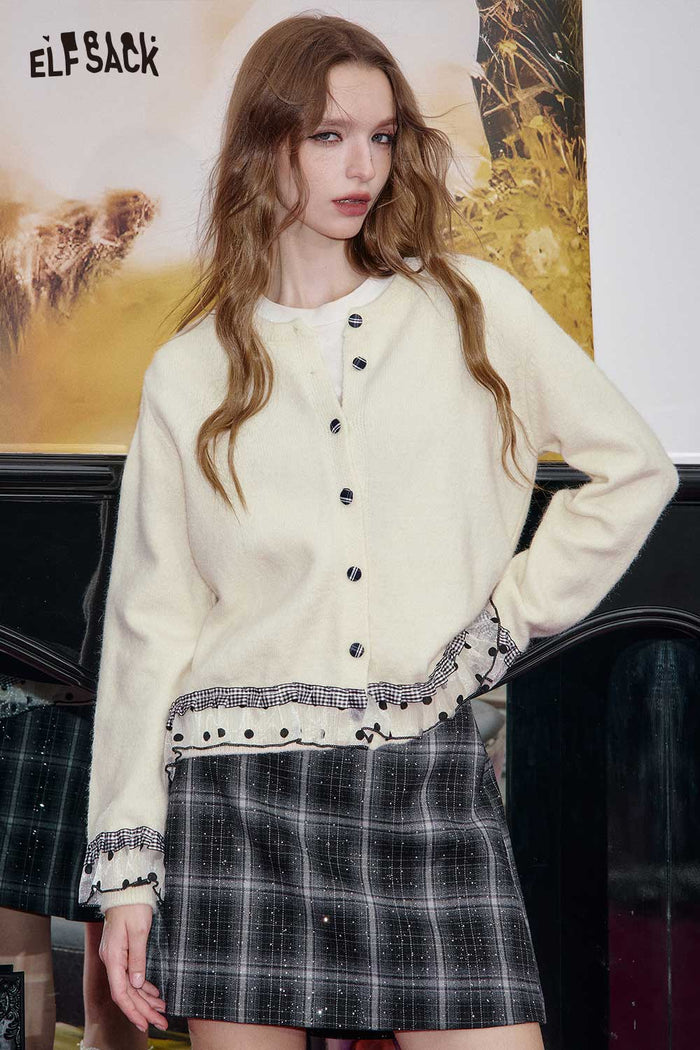 ELFSACK Cashmere Blend Cropped Cardigan Lace Panel Detail Delicate Stitch
