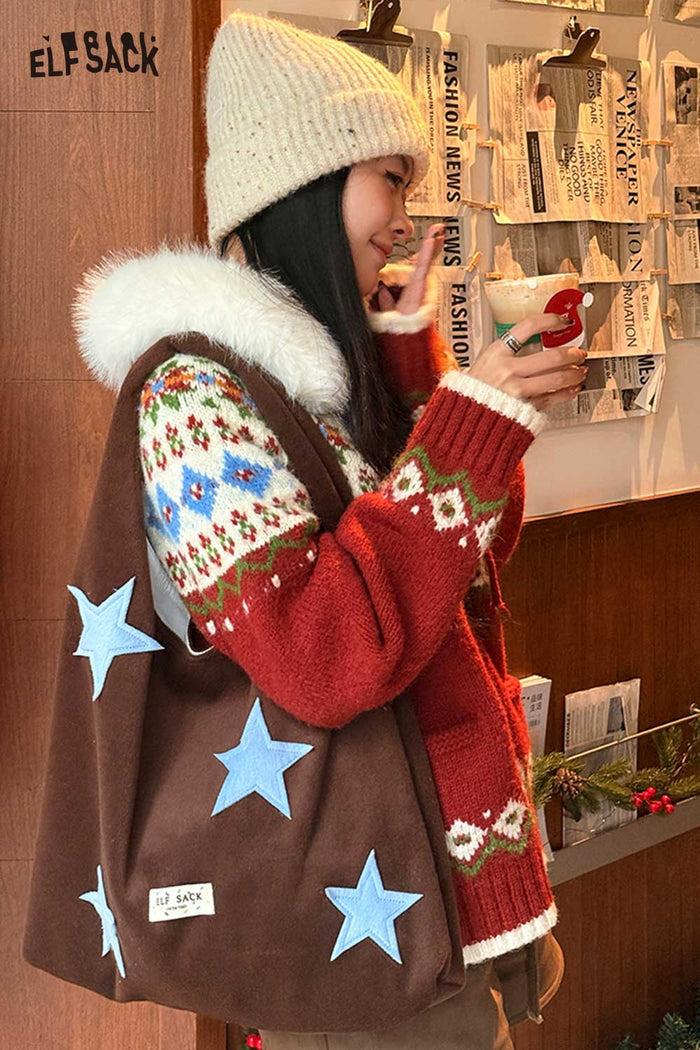 ELFSACK Casual Color Block Star Applique Large Capacity Tote Bag
