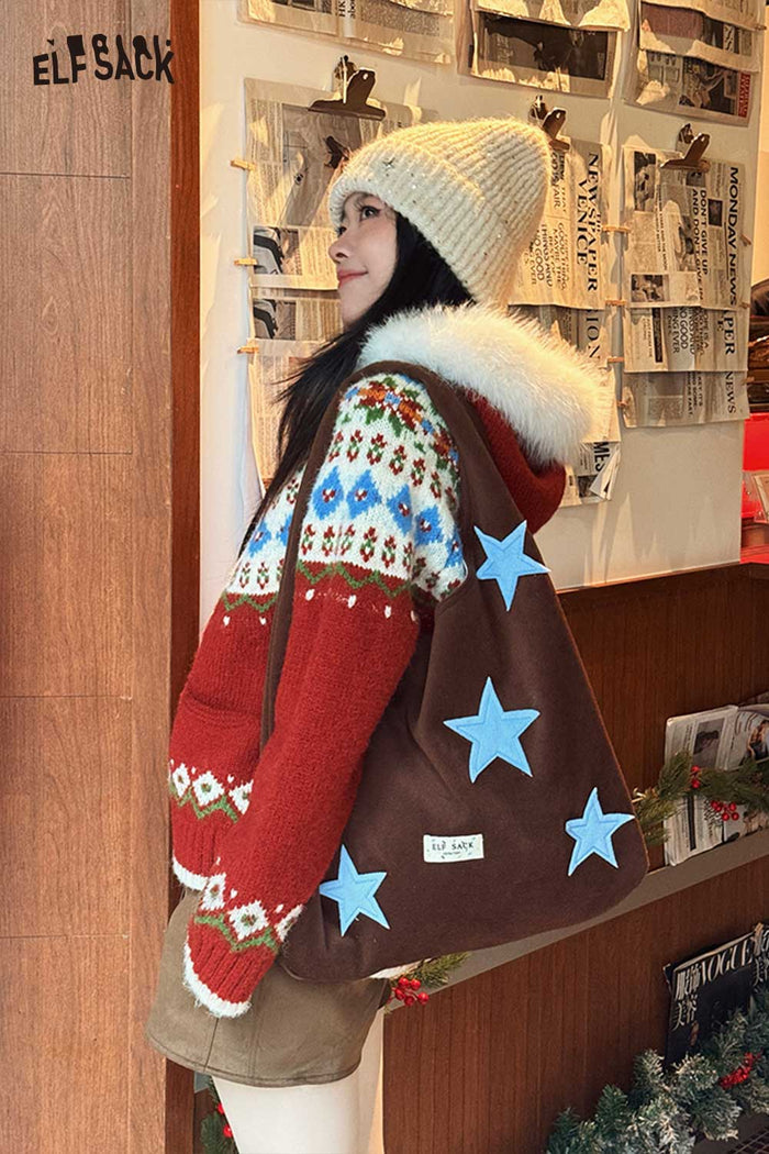 ELFSACK Casual Color Block Star Applique Large Capacity Tote Bag