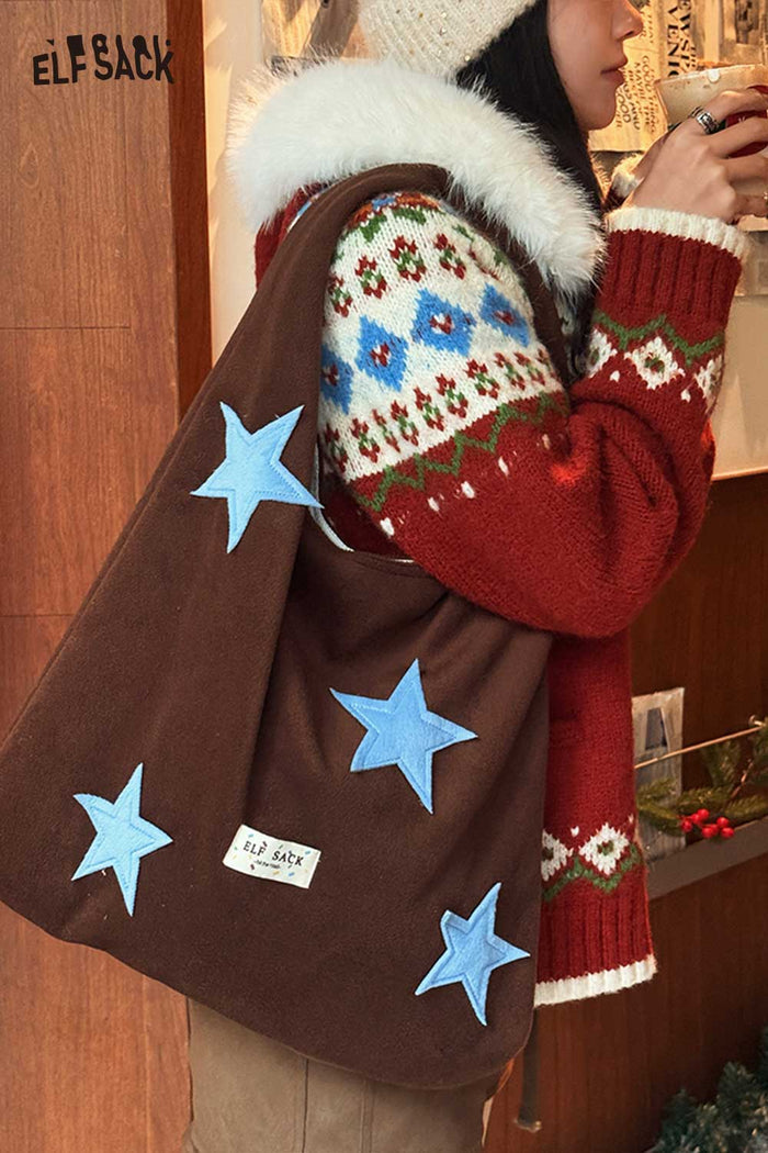 ELFSACK Casual Color Block Star Applique Large Capacity Tote Bag