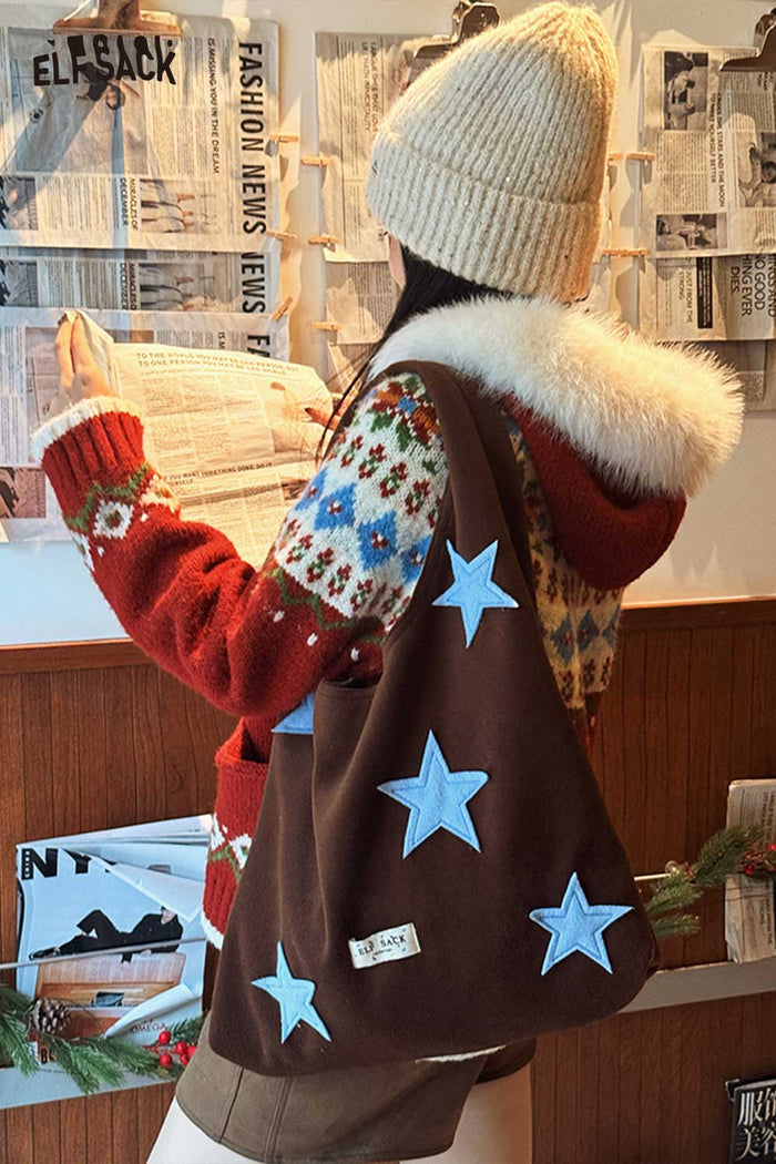 ELFSACK Casual Color Block Star Applique Large Capacity Tote Bag