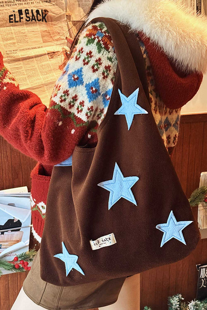 ELFSACK Casual Color Block Star Applique Large Capacity Tote Bag