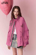 ELFSACK Casual Graffiti Embroidered Drawstring Waist Rose Cargo Jacket