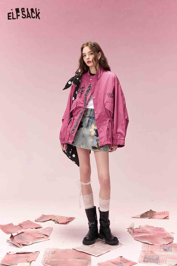 ELFSACK Casual Graffiti Embroidered Drawstring Waist Rose Cargo Jacket
