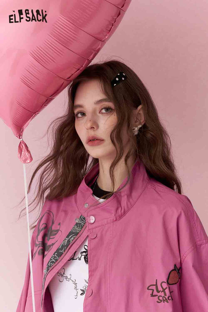 ELFSACK Casual Graffiti Embroidered Drawstring Waist Rose Cargo Jacket