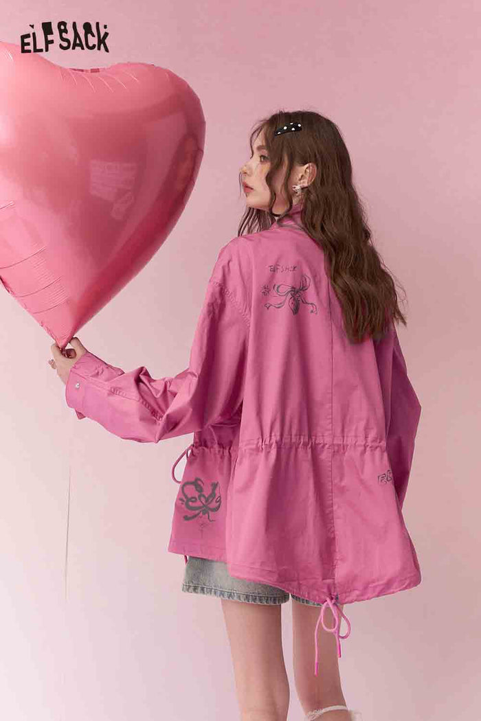 ELFSACK Casual Graffiti Embroidered Drawstring Waist Rose Cargo Jacket