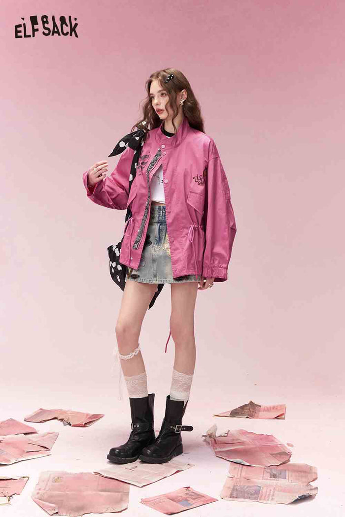 ELFSACK Casual Graffiti Embroidered Drawstring Waist Rose Cargo Jacket