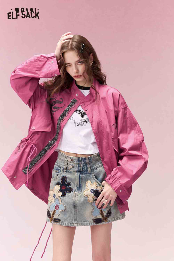 ELFSACK Casual Graffiti Embroidered Drawstring Waist Rose Cargo Jacket