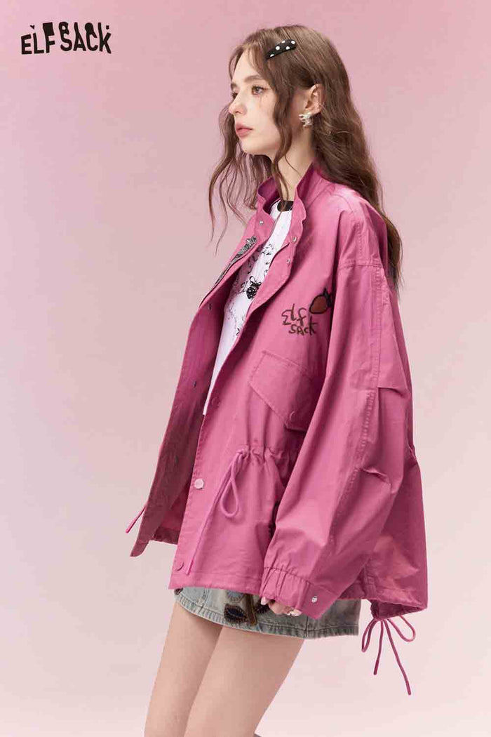 ELFSACK Casual Graffiti Embroidered Drawstring Waist Rose Cargo Jacket
