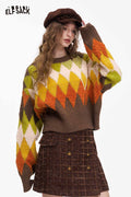ELFSACK Casual Loose Cropped Color Diamond Pattern Sweater