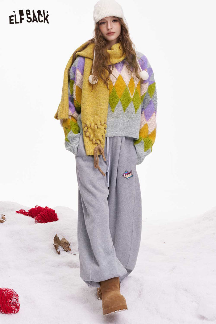 ELFSACK Casual Loose Cropped Color Diamond Pattern Sweater