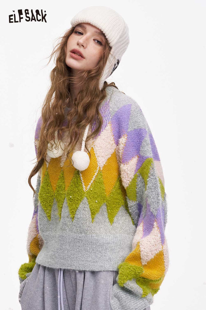 ELFSACK Casual Loose Cropped Color Diamond Pattern Sweater