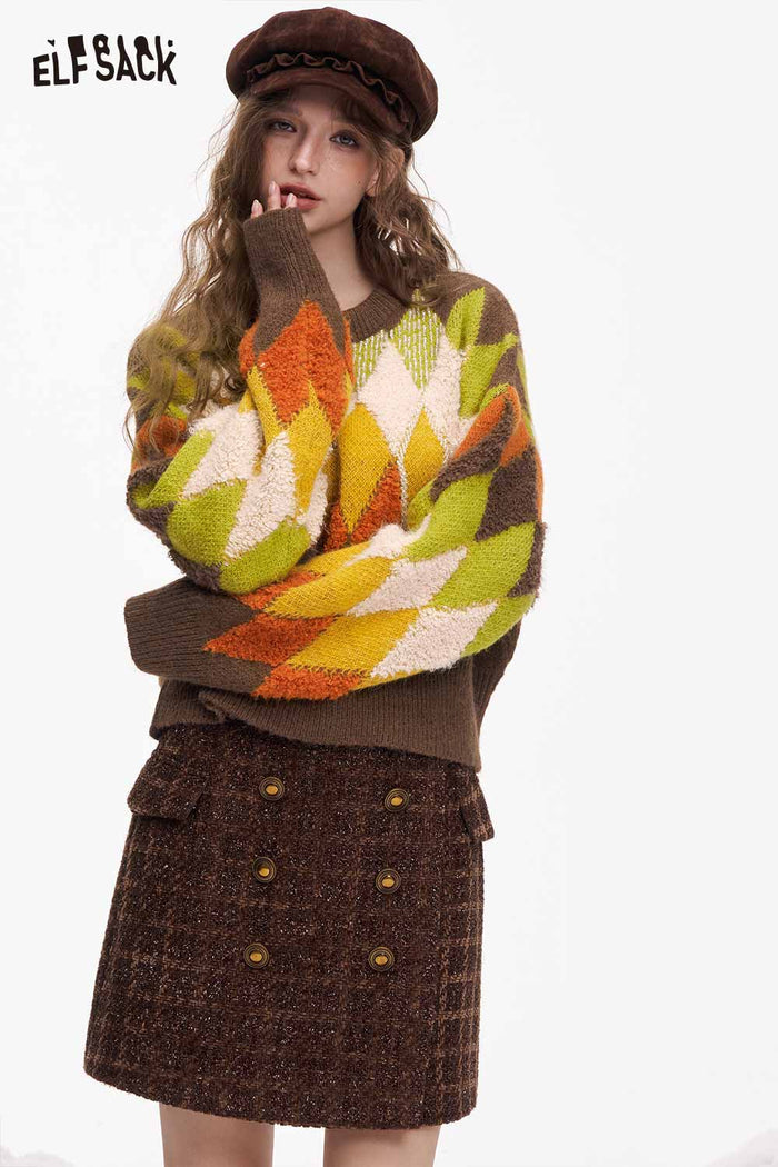 ELFSACK Casual Loose Cropped Color Diamond Pattern Sweater