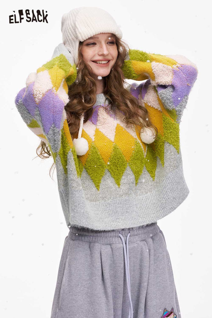 ELFSACK Casual Loose Cropped Color Diamond Pattern Sweater
