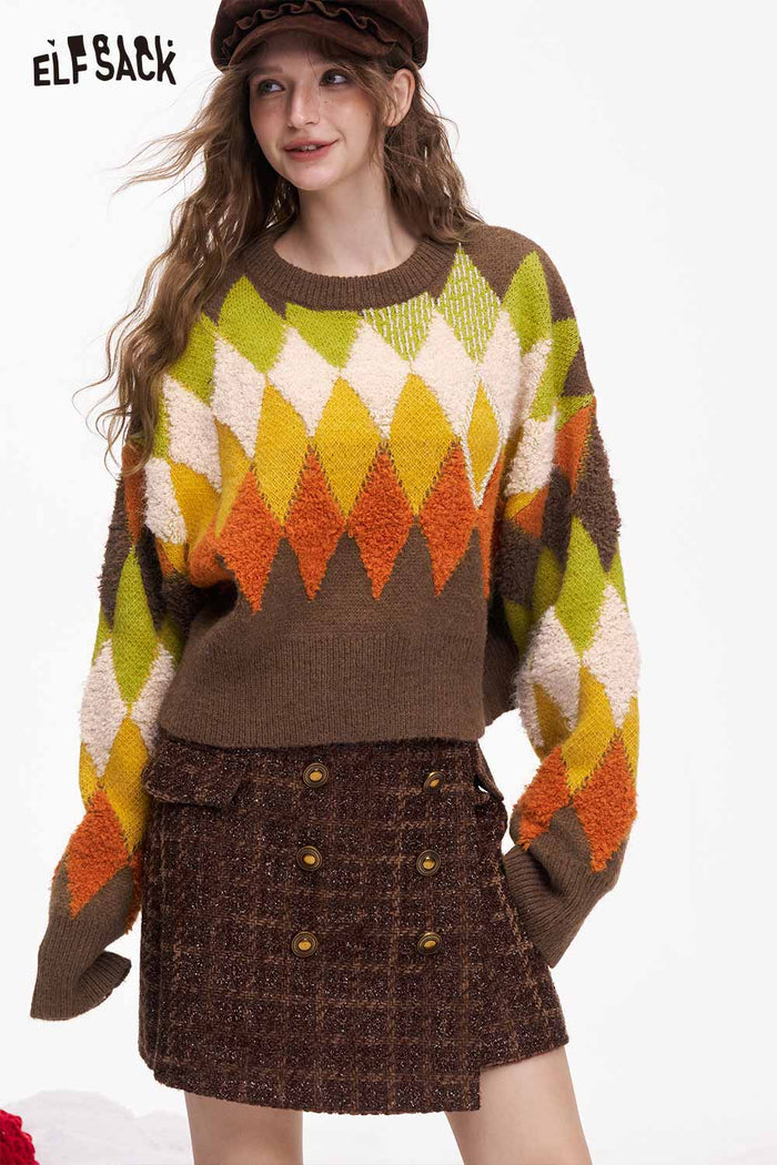 ELFSACK Casual Loose Cropped Color Diamond Pattern Sweater