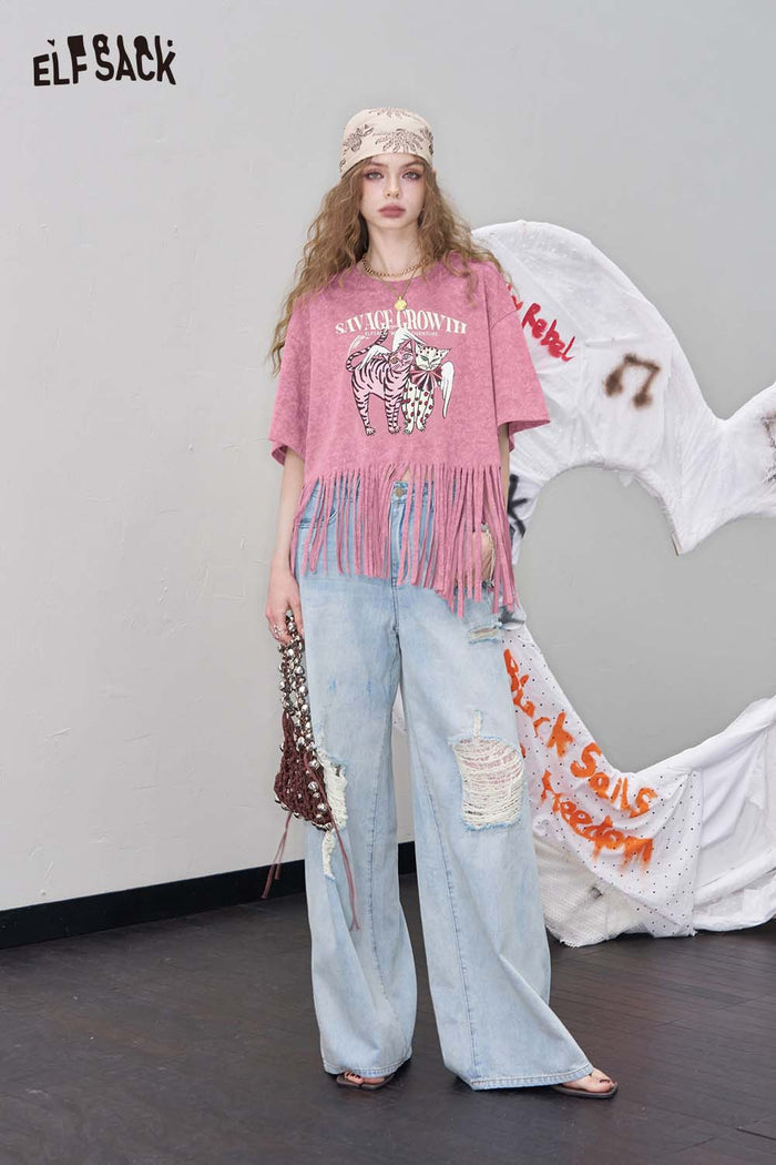 ELFSACK Casual Loose Fringe Animal Graphic Design Tshirt