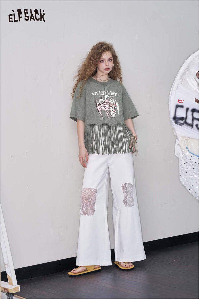 ELFSACK Casual Loose Fringe Animal Graphic Design Tshirt