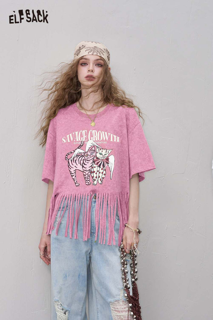ELFSACK Casual Loose Fringe Animal Graphic Design Tshirt