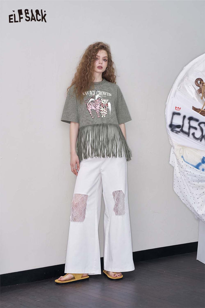 ELFSACK Casual Loose Fringe Animal Graphic Design Tshirt