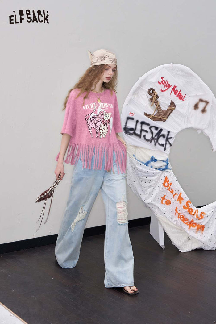 ELFSACK Casual Loose Fringe Animal Graphic Design Tshirt