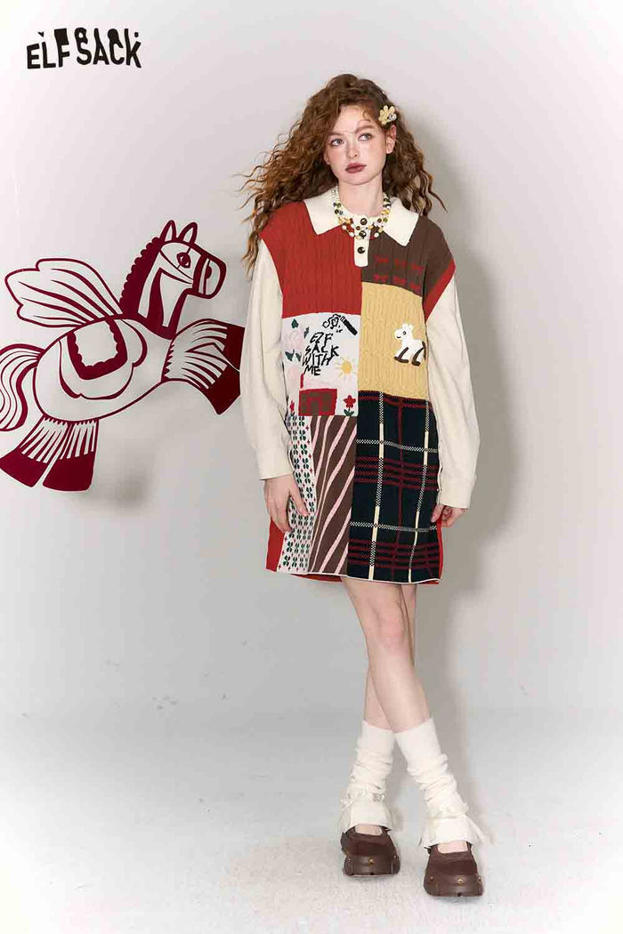 ELFSACK Casual Preppy Polo Collar Loose Patchwork Color Block Dress