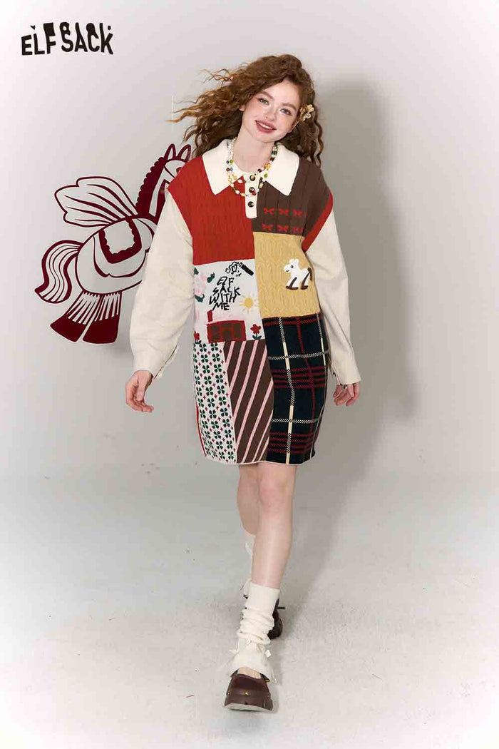 ELFSACK Casual Preppy Polo Collar Loose Patchwork Color Block Dress