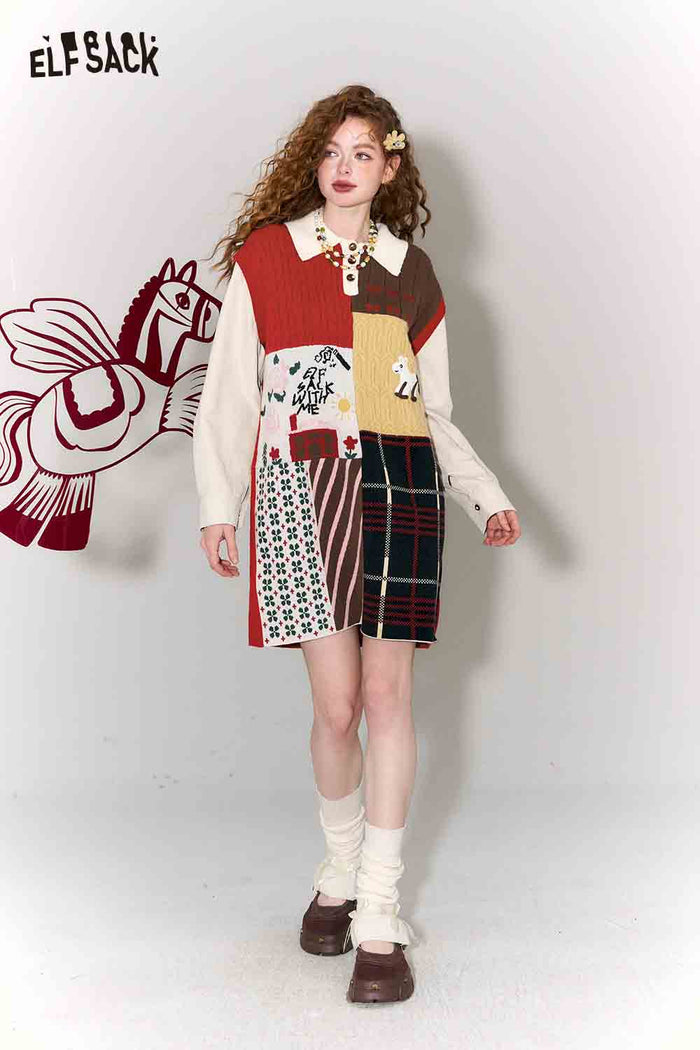 ELFSACK Casual Preppy Polo Collar Loose Patchwork Color Block Dress