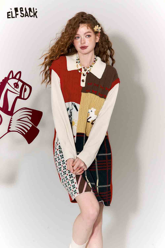 ELFSACK Casual Preppy Polo Collar Loose Patchwork Color Block Dress
