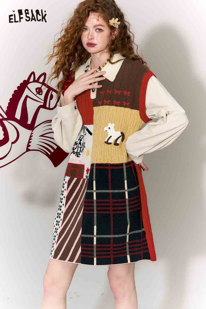 ELFSACK Casual Preppy Polo Collar Loose Patchwork Color Block Dress