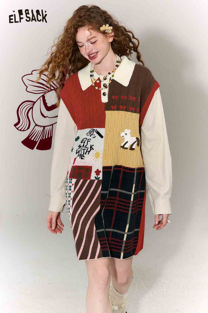ELFSACK Casual Preppy Polo Collar Loose Patchwork Color Block Dress