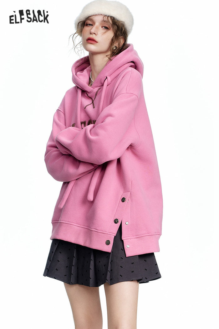 ELFSACK Casual Red Letter Slit Plush Hoodie