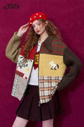 ELFSACK Casual Suede Knit Patchwork Bow Collar Padded Jacket