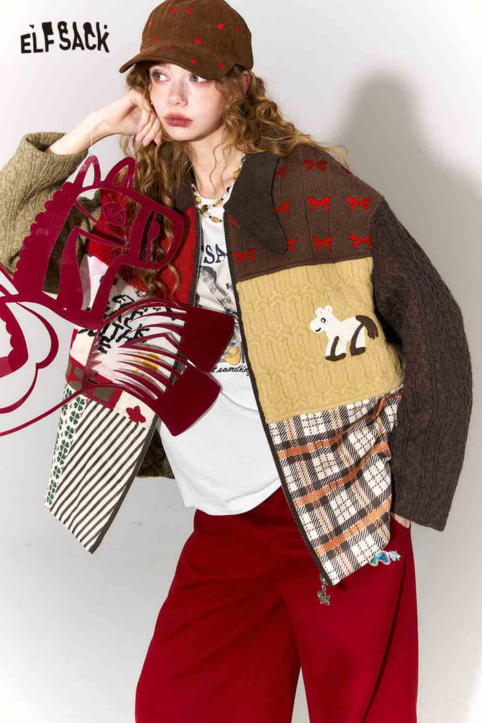 ELFSACK Casual Suede Knit Patchwork Bow Collar Padded Jacket