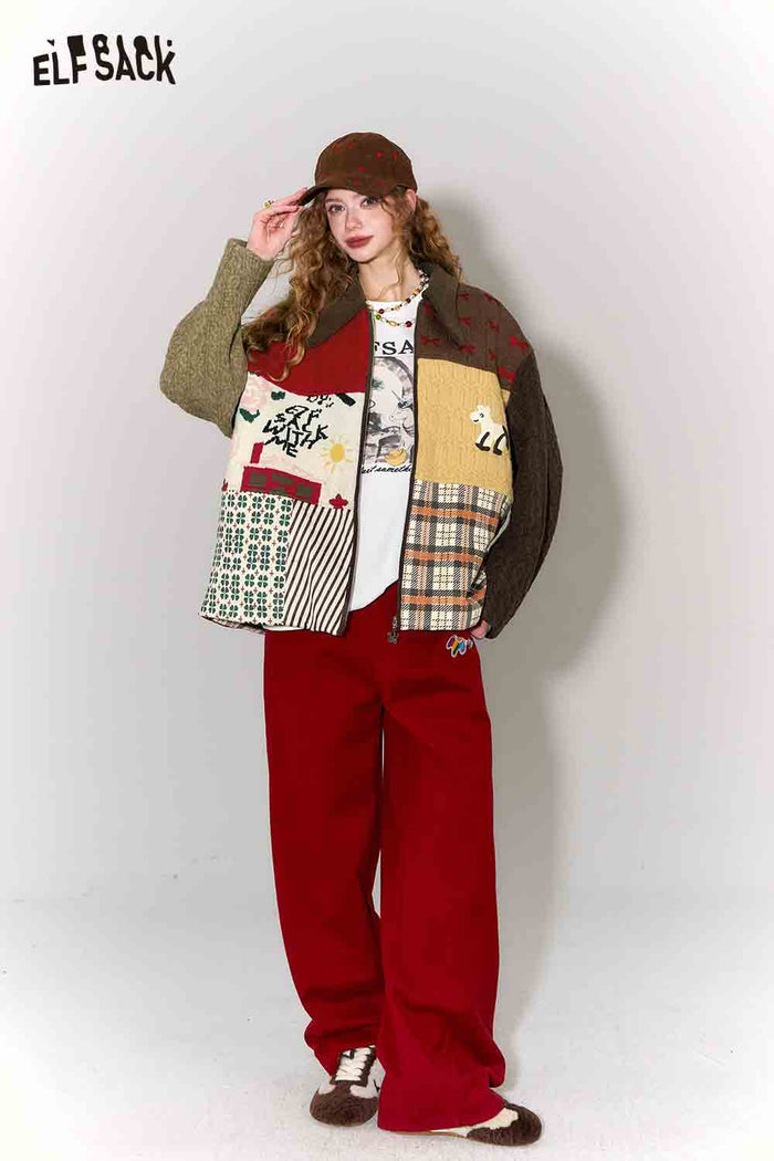 ELFSACK Casual Suede Knit Patchwork Bow Collar Padded Jacket