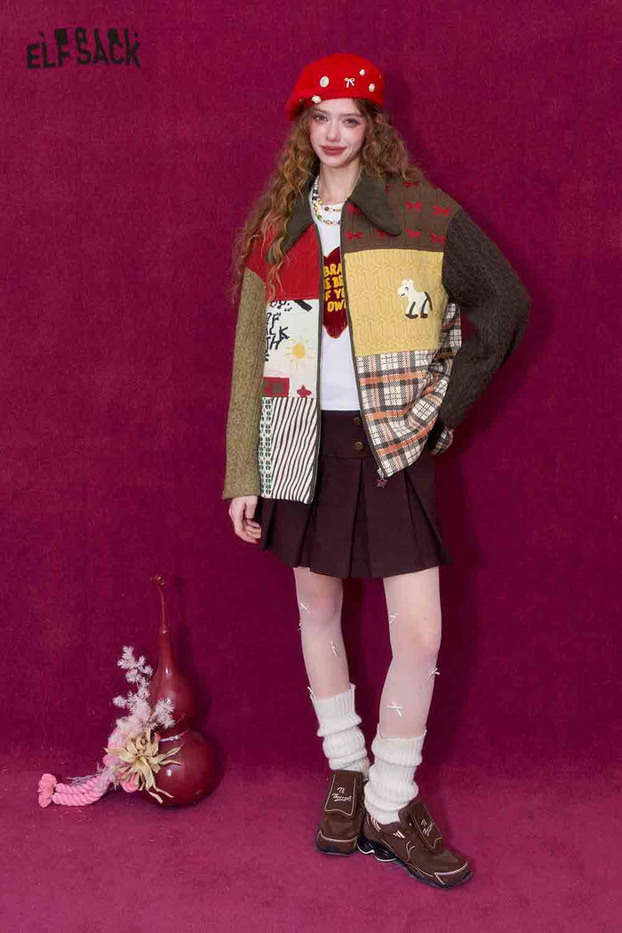 ELFSACK Casual Suede Knit Patchwork Bow Collar Padded Jacket