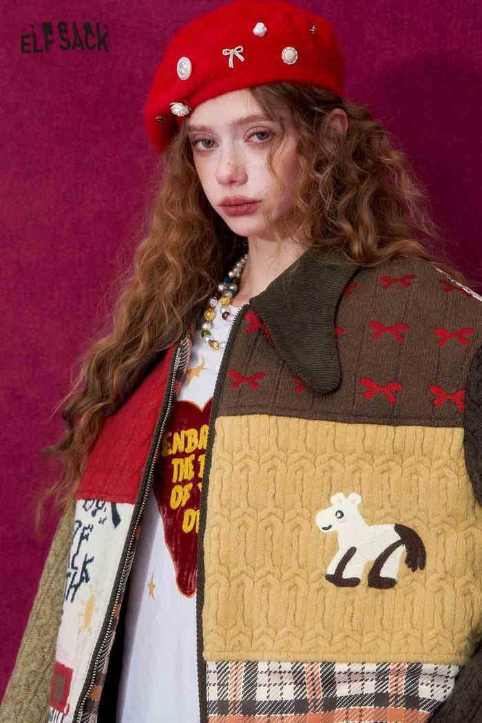 ELFSACK Casual Suede Knit Patchwork Bow Collar Padded Jacket