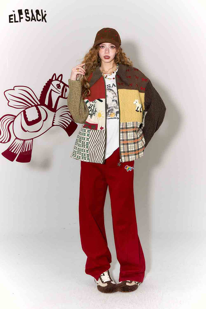 ELFSACK Casual Suede Knit Patchwork Bow Collar Padded Jacket
