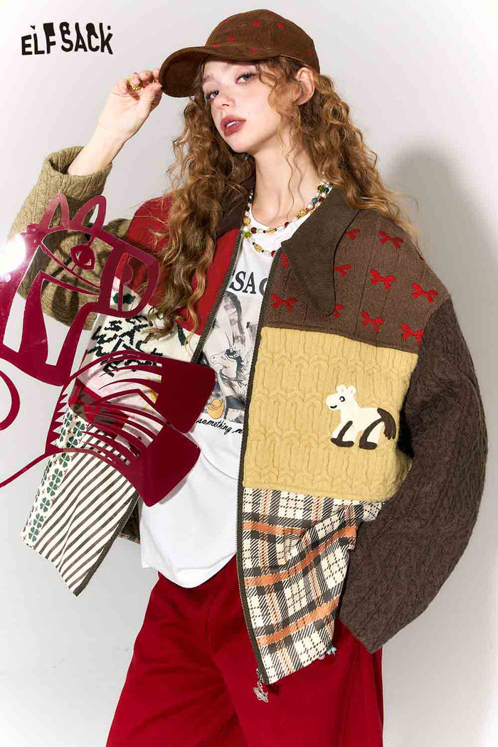 ELFSACK Casual Suede Knit Patchwork Bow Collar Padded Jacket