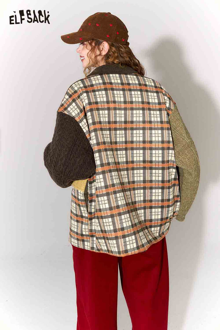 ELFSACK Casual Suede Knit Patchwork Bow Collar Padded Jacket