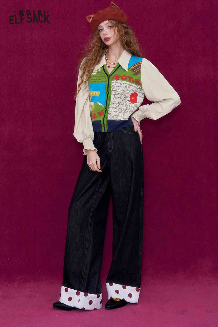 ELFSACK Casual V Neck Puff Sleeve Cartoon Graphic Knit Cardigan