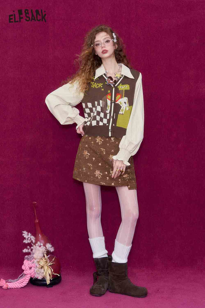 ELFSACK Casual V Neck Puff Sleeve Cartoon Graphic Knit Cardigan