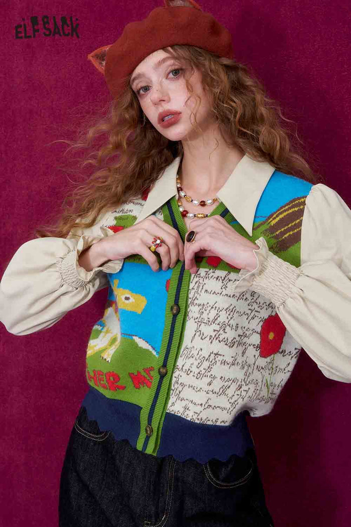 ELFSACK Casual V Neck Puff Sleeve Cartoon Graphic Knit Cardigan