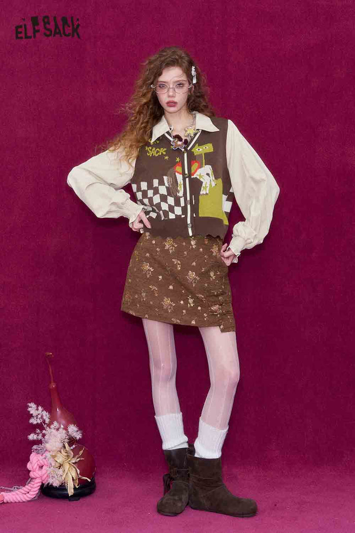 ELFSACK Casual V Neck Puff Sleeve Cartoon Graphic Knit Cardigan