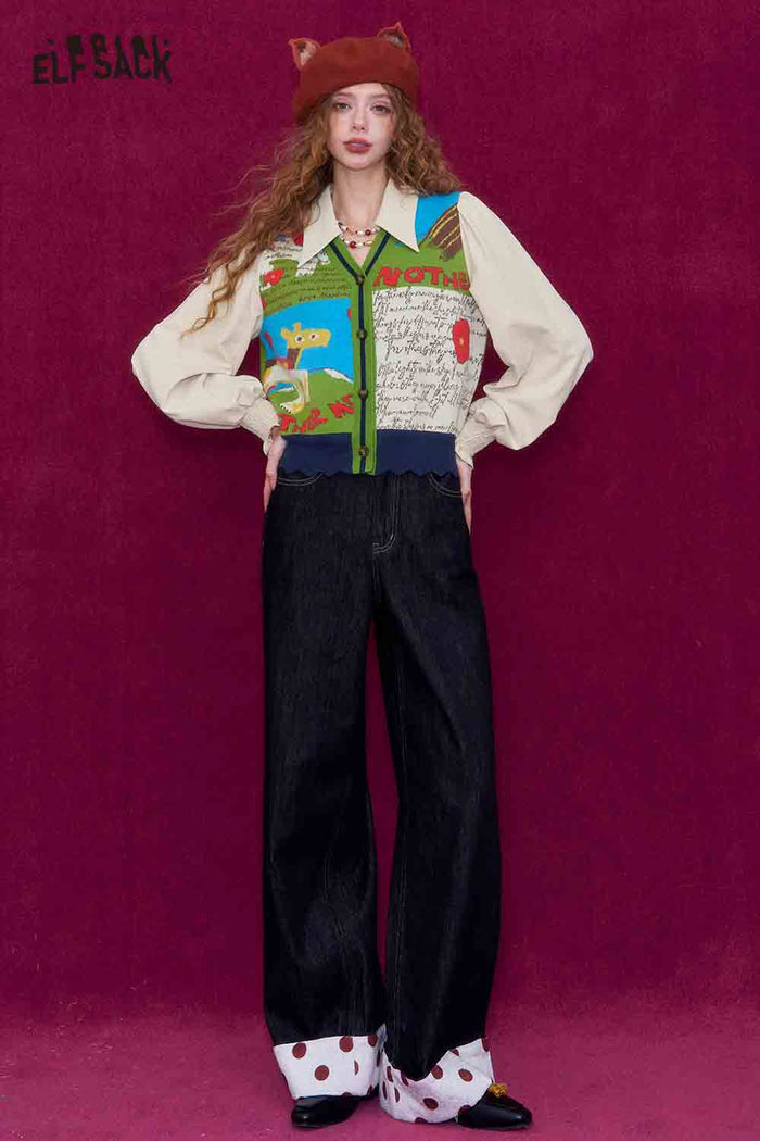 ELFSACK Casual V Neck Puff Sleeve Cartoon Graphic Knit Cardigan