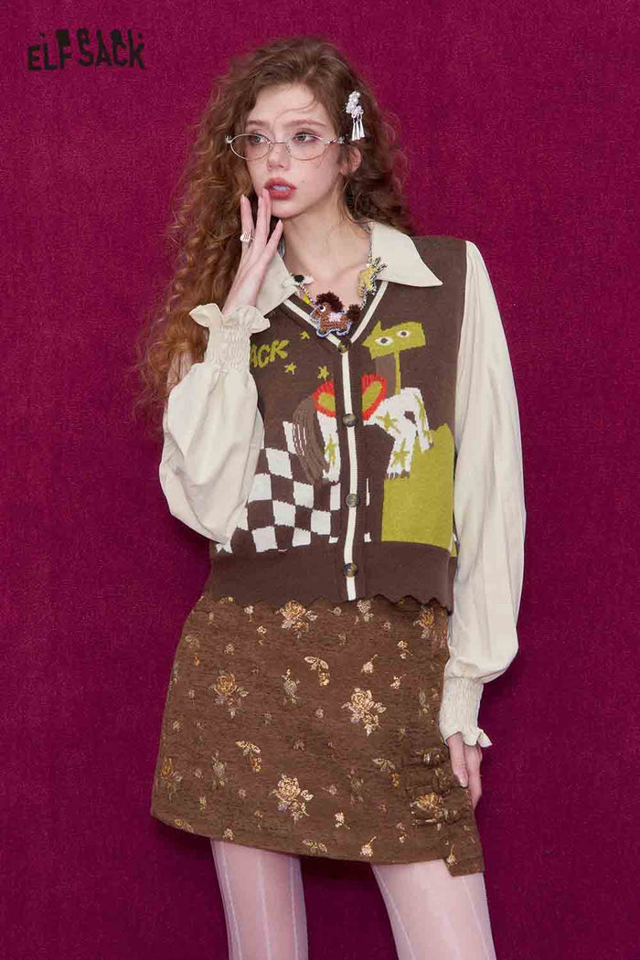 ELFSACK Casual V Neck Puff Sleeve Cartoon Graphic Knit Cardigan